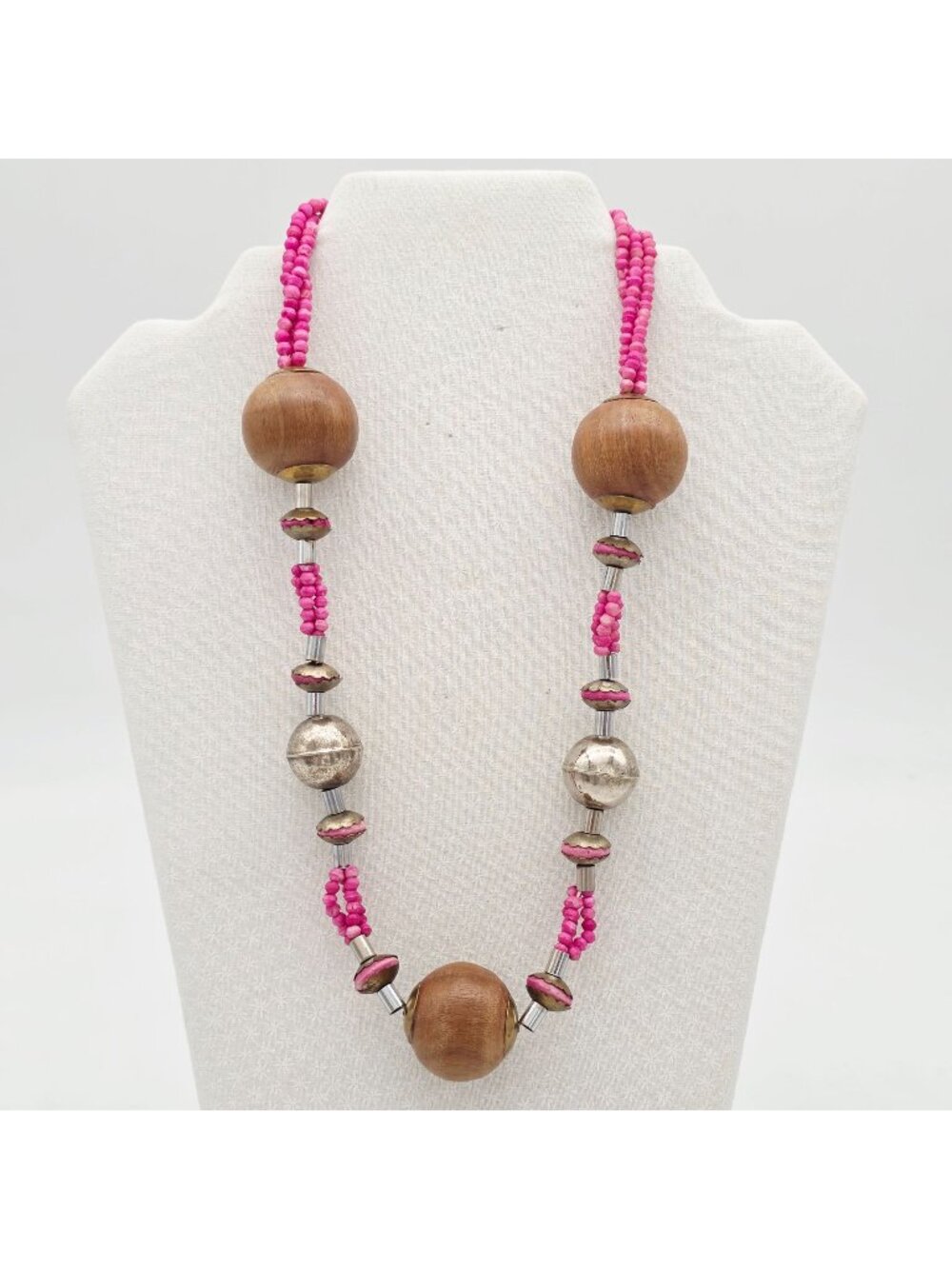 Wood & Metal Pink Beaded Necklace With Large Wooden Beads & Clasp Closure 20"